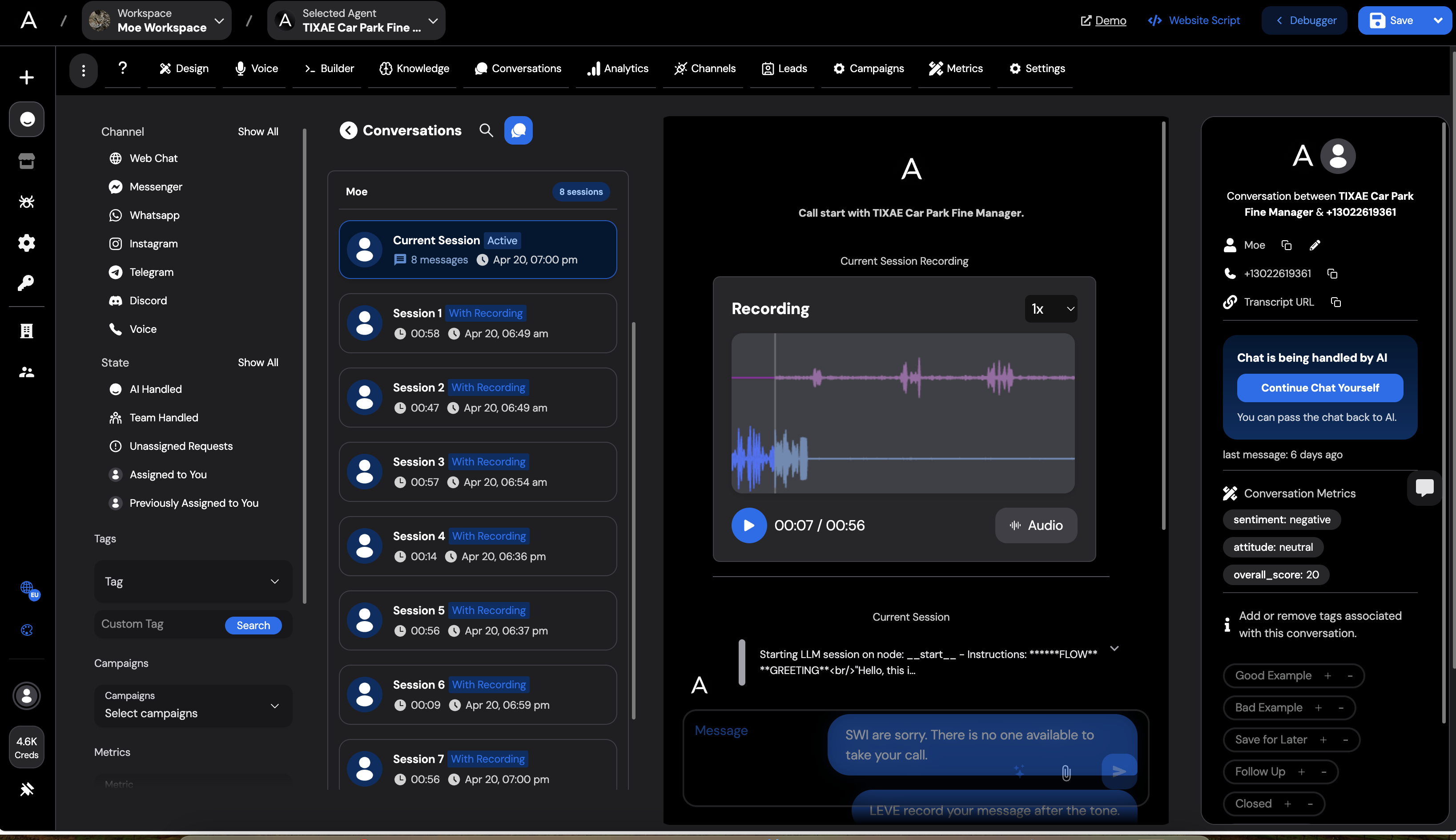 Conversations view with a call recording, transcript and conversation metrics
