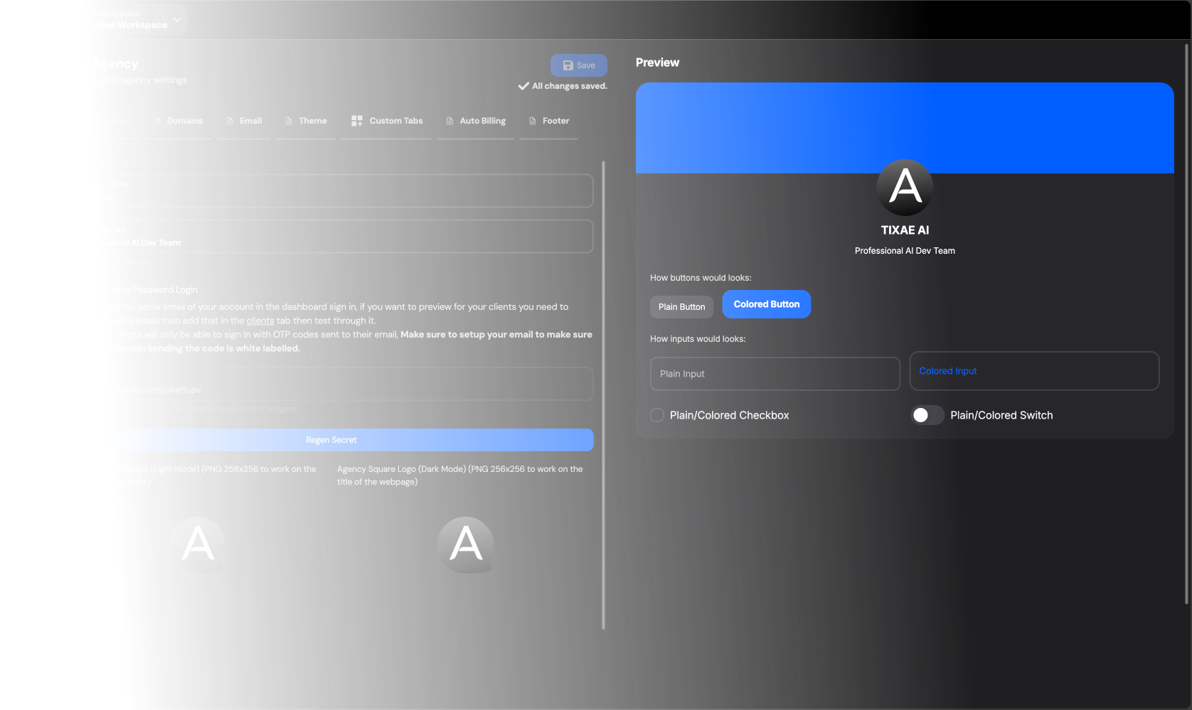 Agency settings with a live preview of the brand