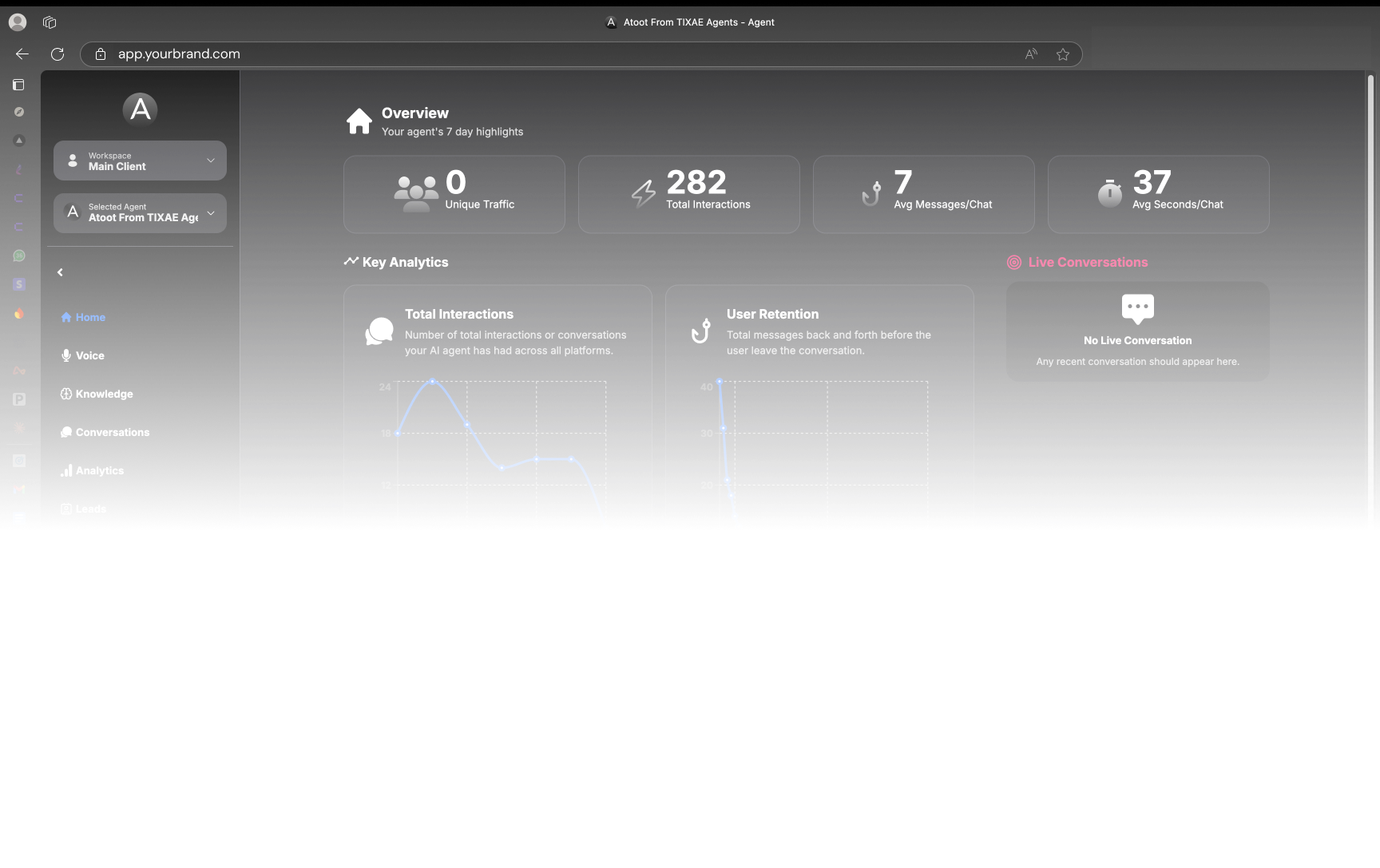 Agency dashboard on a custom domain, app.yourbrand.com, showing agent analytics